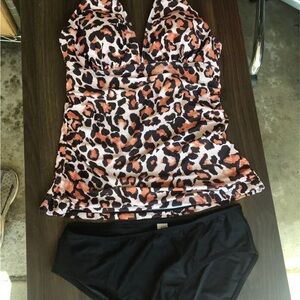Leopard Print Halter Tankini with Black Bottoms